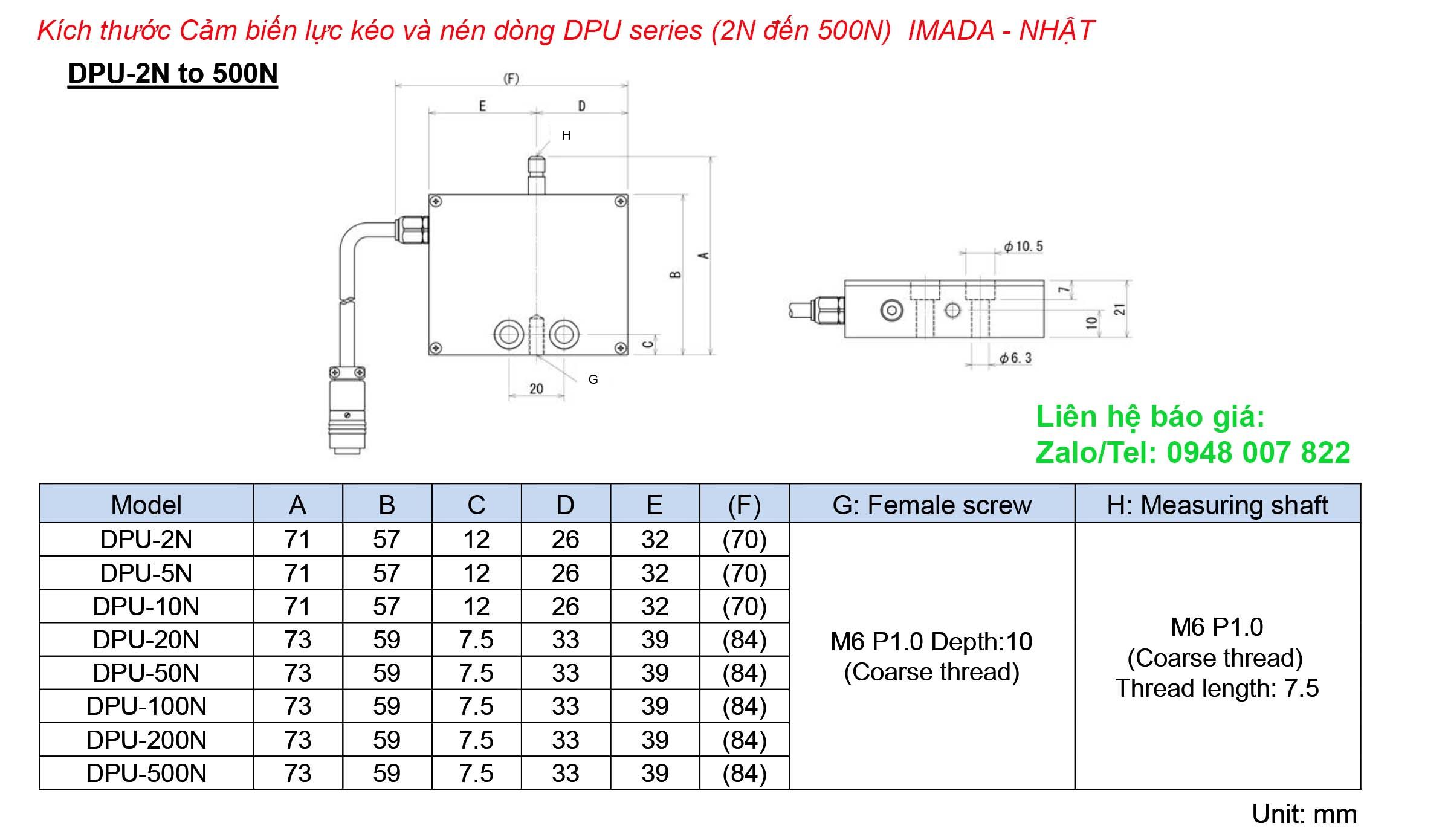 Kich thuoc Cam bien luc keo va nen dong DPU series 2N den 500N IMADA NHAT