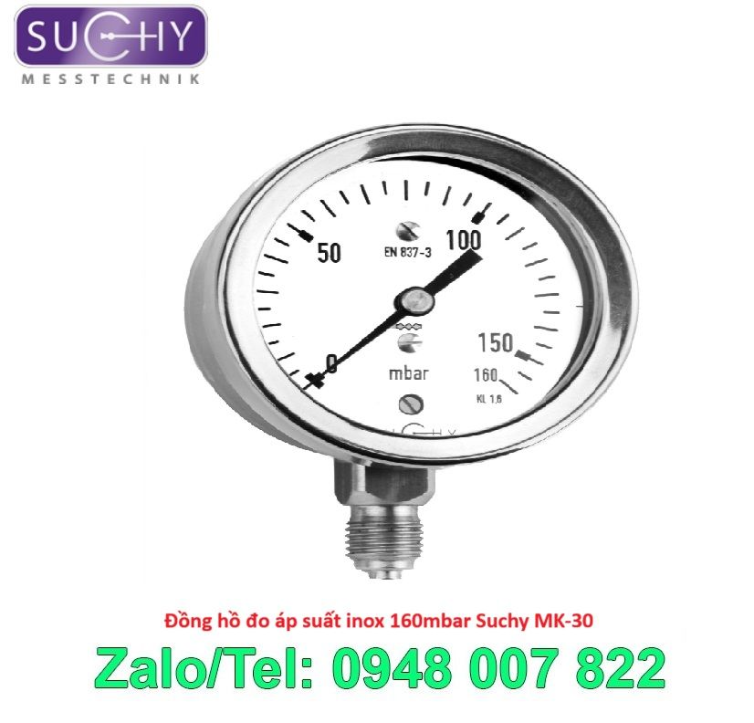 Đồng hồ đo áp suất inox 160mbar Suchy MK-30